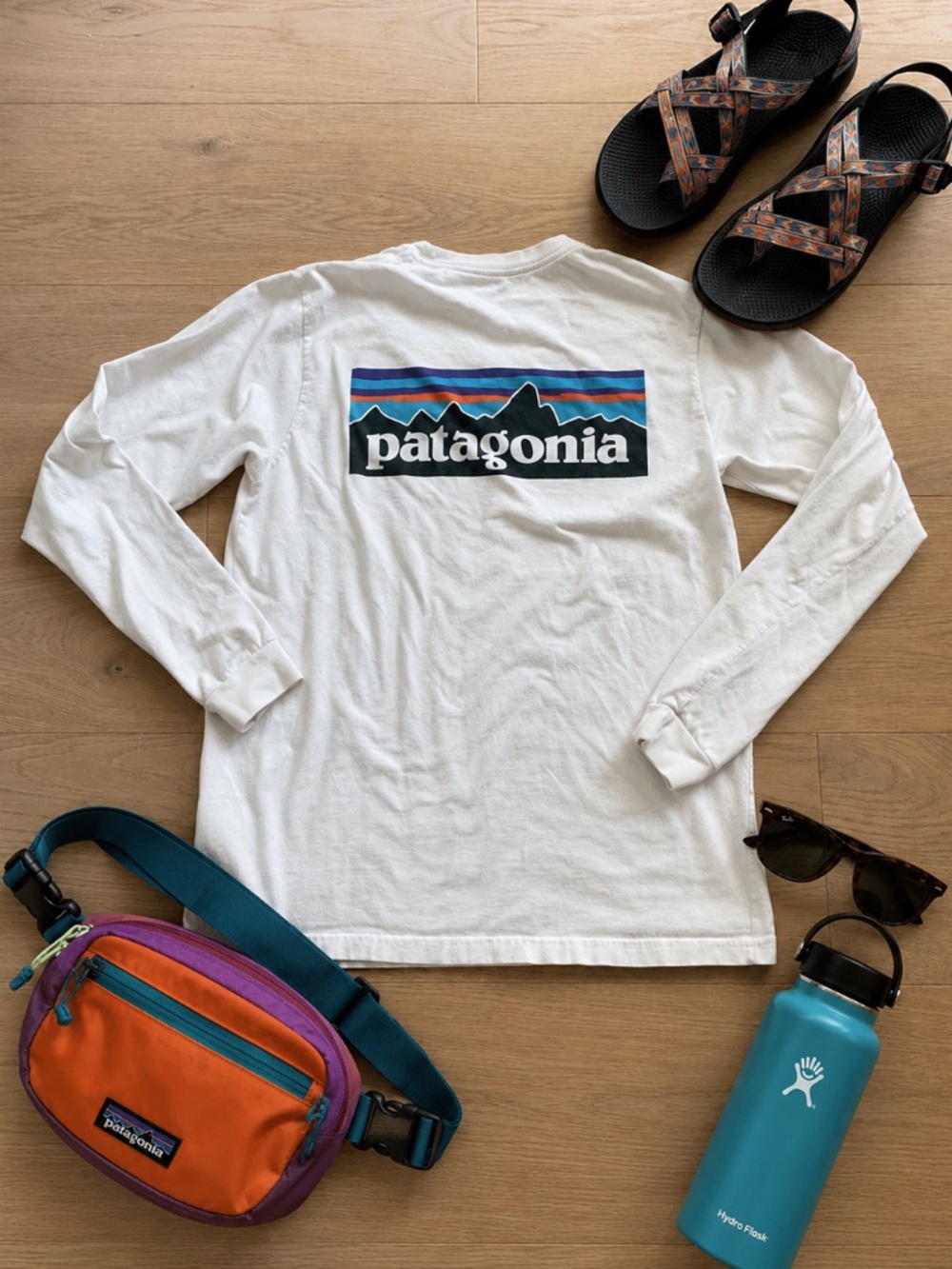 Patagonia White Long Sleeve Graphic Shirt Outdoor Camping Hiking Granola S